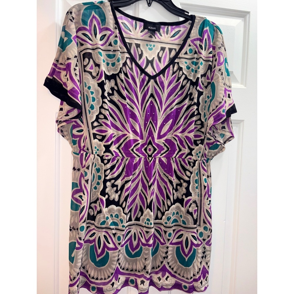 Alfani Women XL Purple Teal Mesh Rhinestone Medallion Tunic Top V-Neck Boho